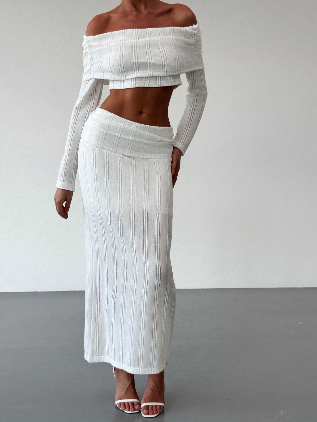 Off-Shoulder Cropped Sleeve Textured Blouse + High-Waist Textured Skirt Set For Date,