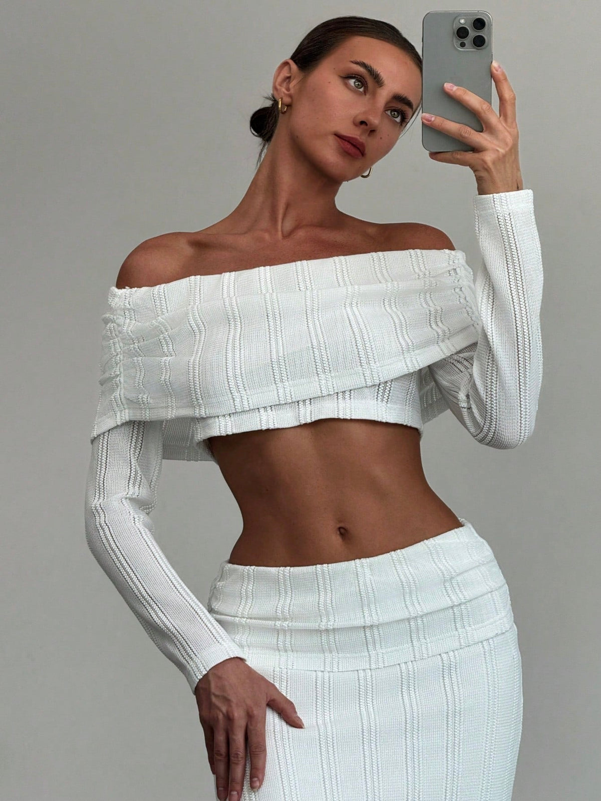 Off-Shoulder Cropped Sleeve Textured Blouse + High-Waist Textured Skirt Set For Date,