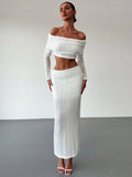 Off-Shoulder Cropped Sleeve Textured Blouse + High-Waist Textured Skirt Set For Date,
