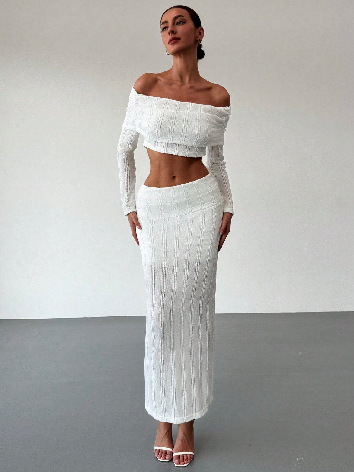 Off-Shoulder Cropped Sleeve Textured Blouse + High-Waist Textured Skirt Set For Date,