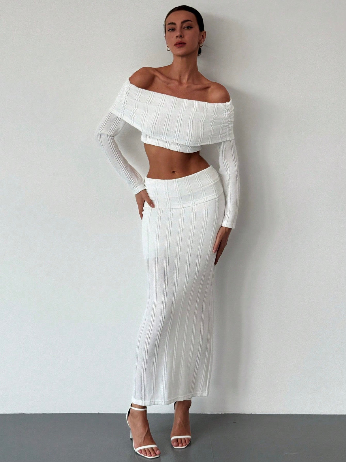 Off-Shoulder Cropped Sleeve Textured Blouse + High-Waist Textured Skirt Set For Date,