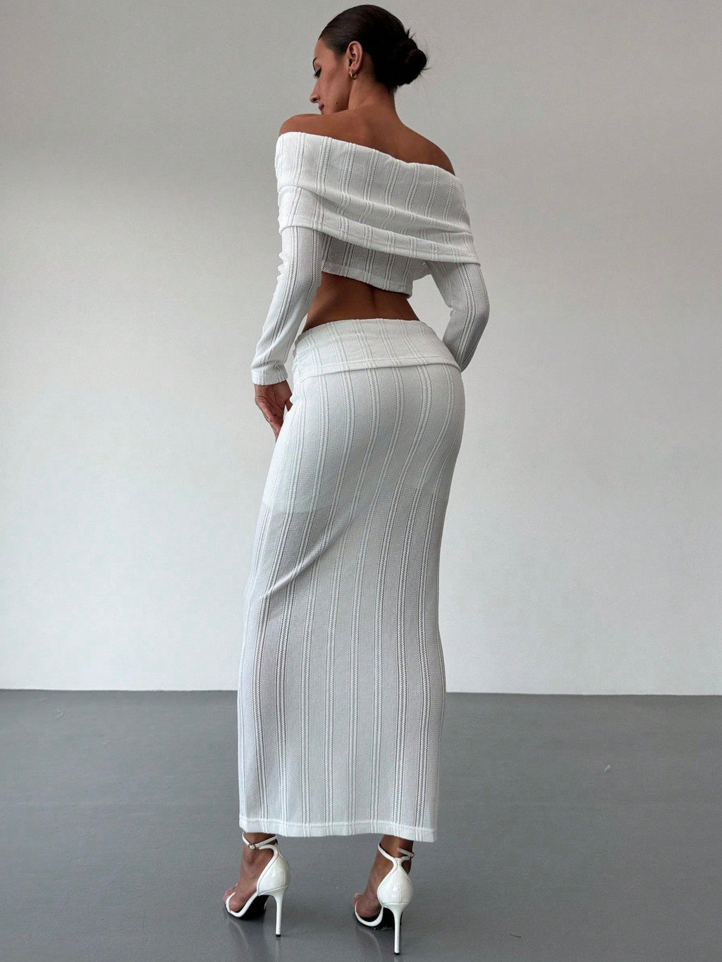 Off-Shoulder Cropped Sleeve Textured Blouse + High-Waist Textured Skirt Set For Date,