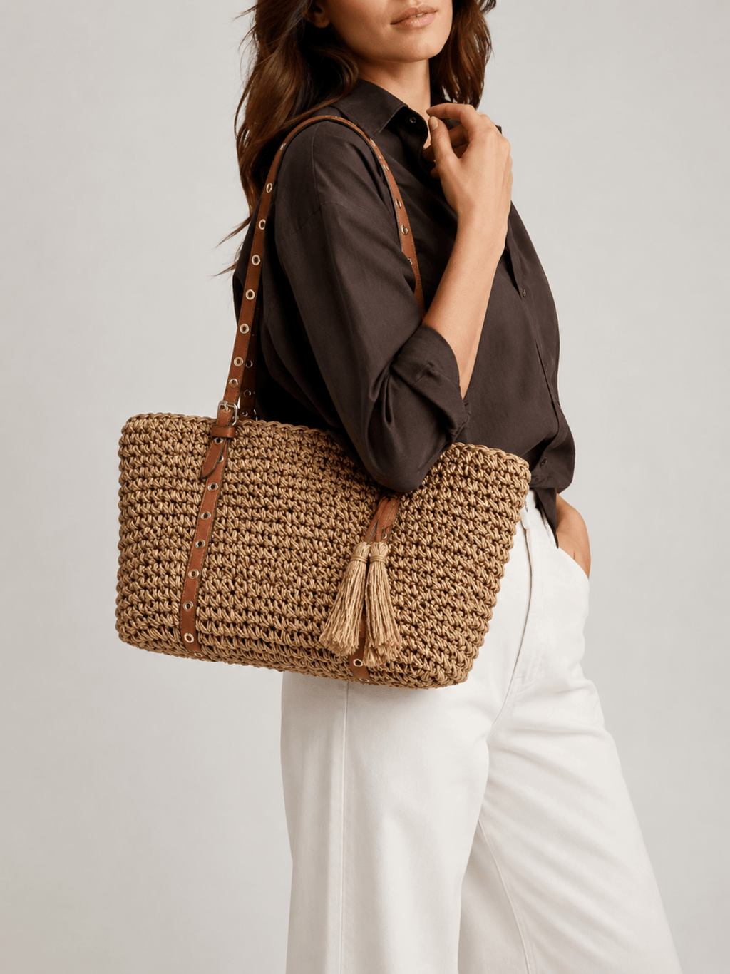 straw and leather tote basket