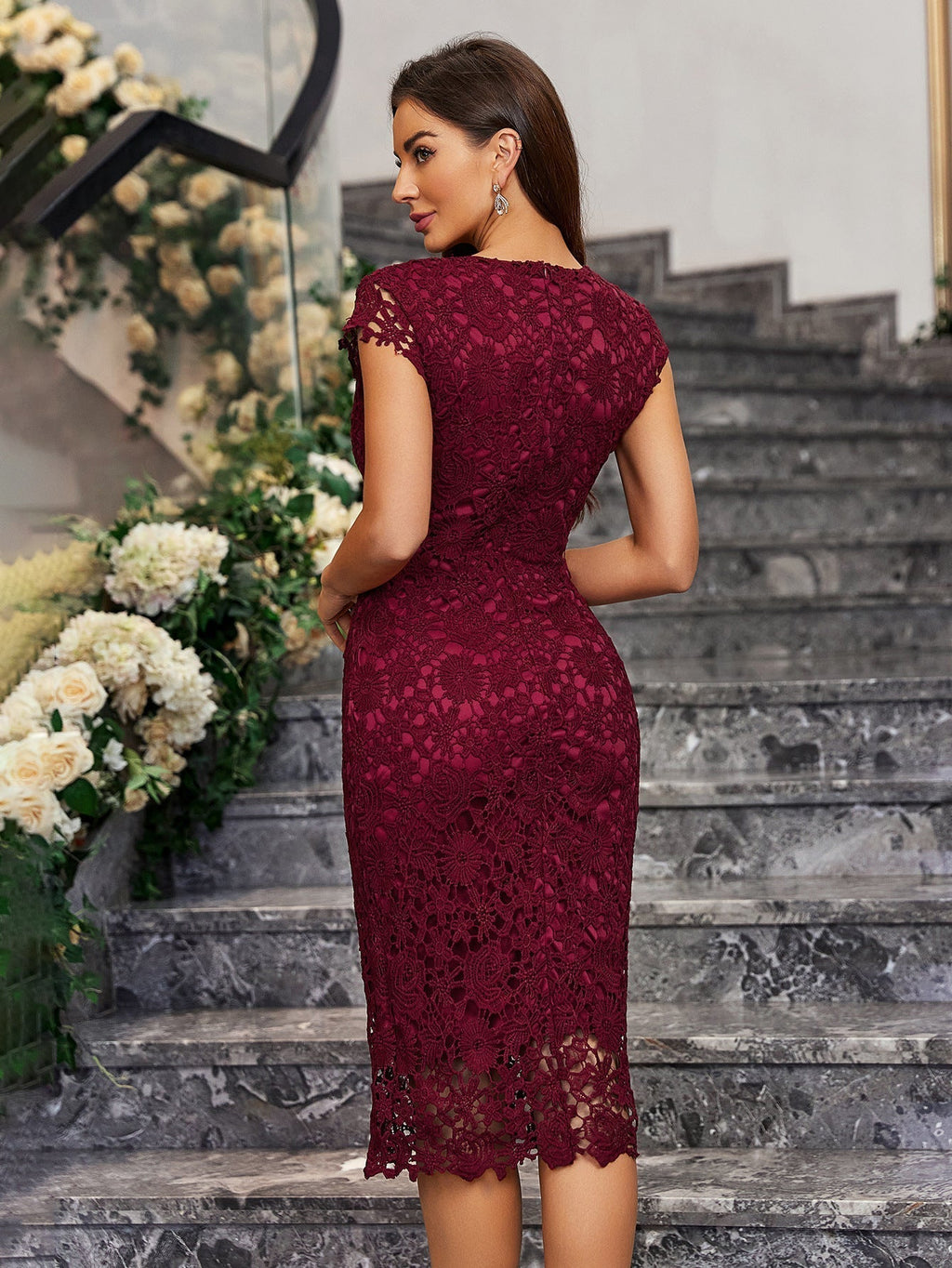 The Punk Edge | Women's Lace Hollow Bodycon Pencil Midi Dress