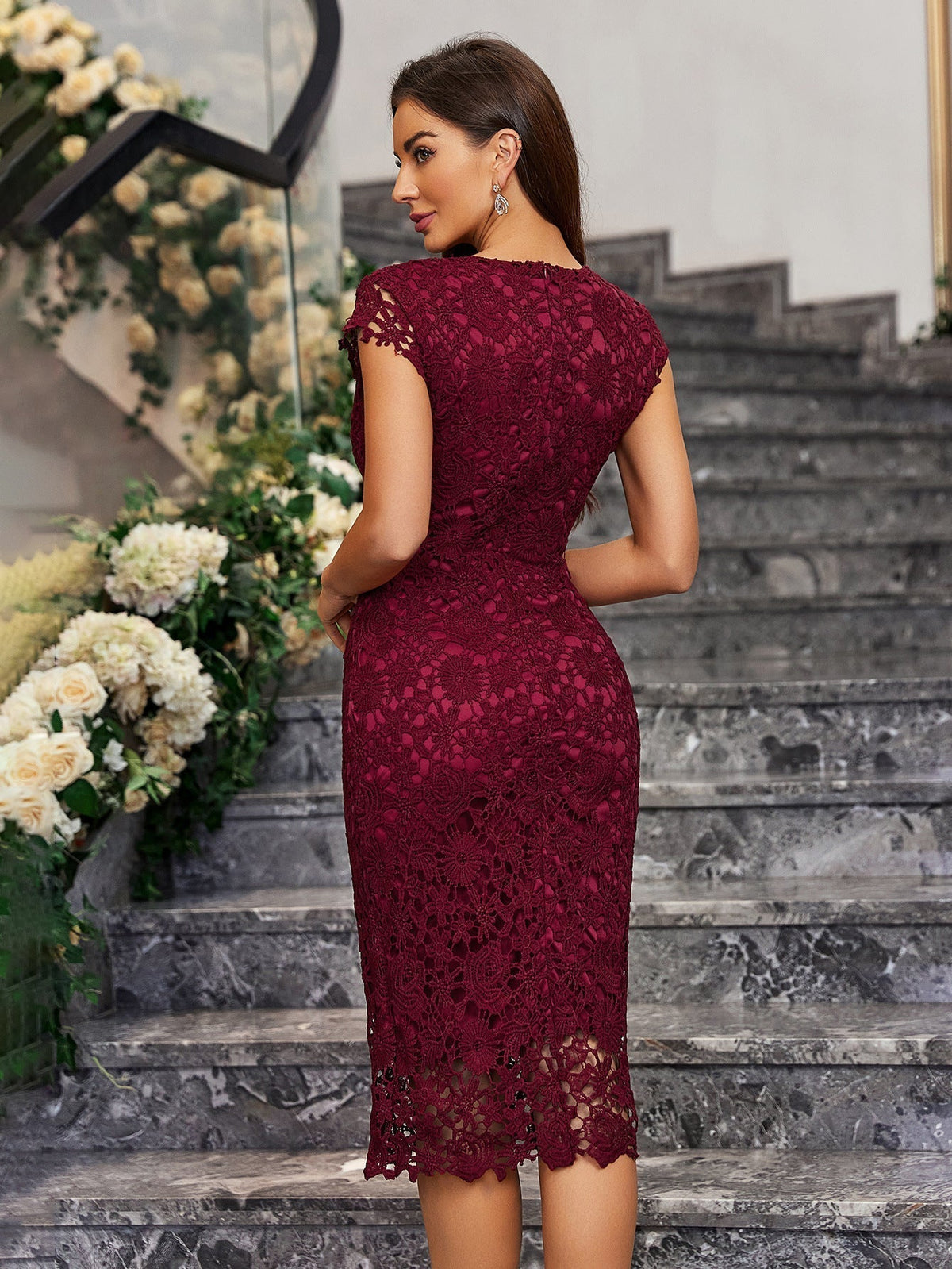 The Punk Edge | Women's Lace Hollow Bodycon Pencil Midi Dress