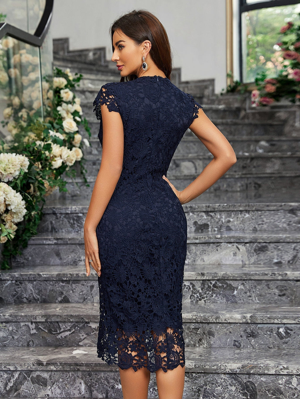 The Punk Edge | Women's Lace Hollow Bodycon Pencil Midi Dress