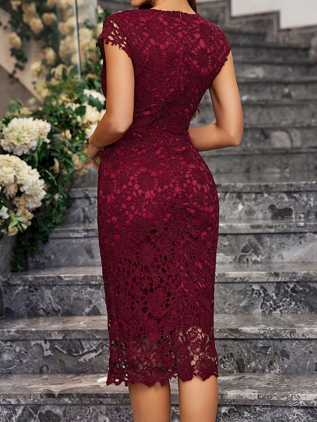 The Punk Edge | Women's Lace Hollow Bodycon Pencil Midi Dress