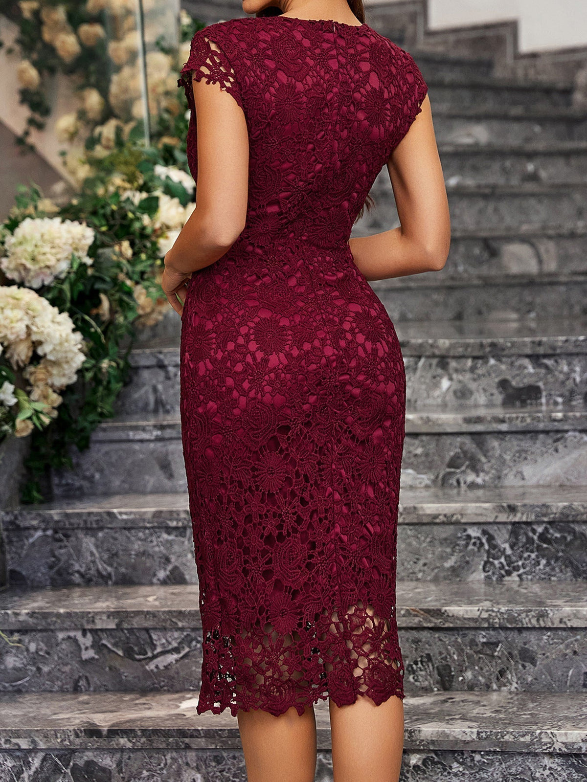 The Punk Edge | Women's Lace Hollow Bodycon Pencil Midi Dress