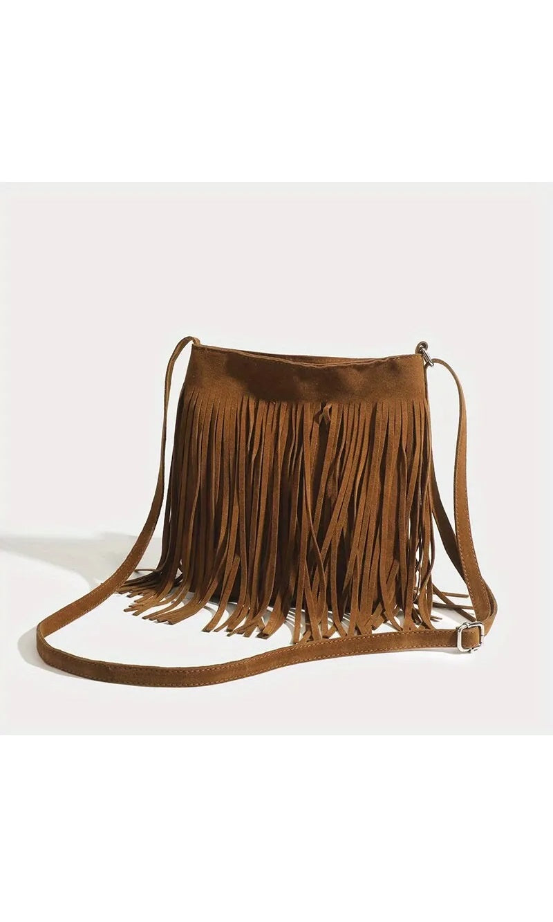Vintage brown suede shoulder bag with fringe