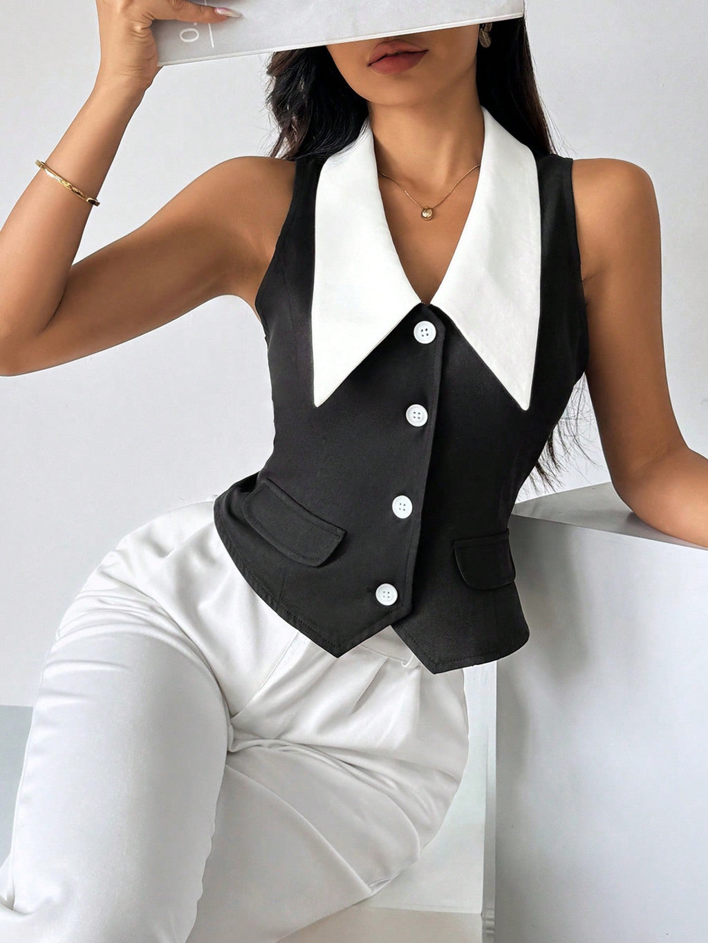 Priv√© Women's Color Block Sleeveless Shirt With Front Button Closure,Work Women Shirts. Elegant Style For Summer.Old Money.Teacher Clothes.Business Casual Women.