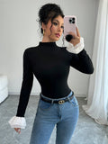 Raffin√©a Women's Spring & Autumn Mock Neck Color-Block Bell Sleeve Fitted T-Shirt