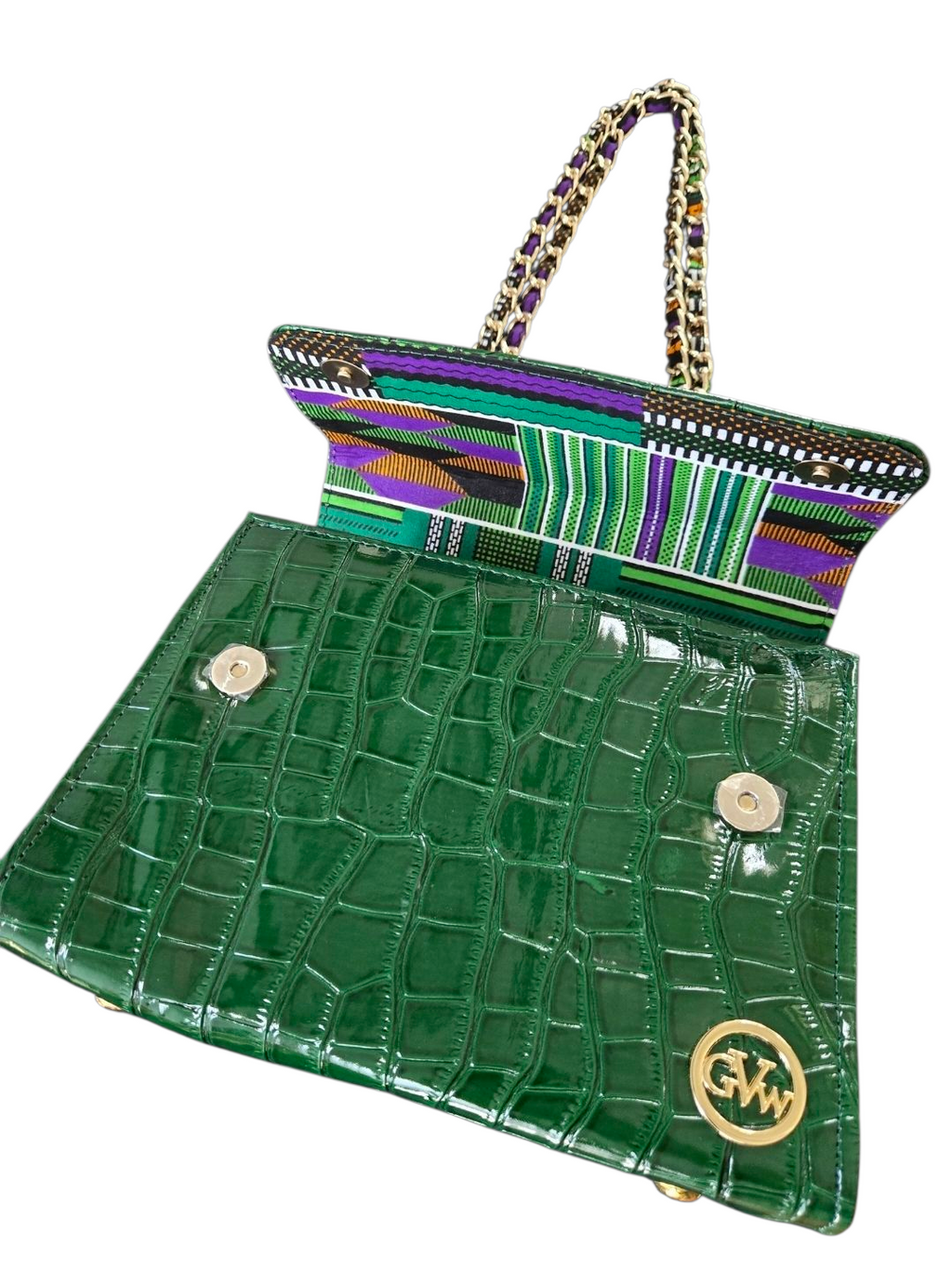 GVW Croc-Embossed Chain Shoulder Bag with Ankara Lining – Luxury Crossbody Green