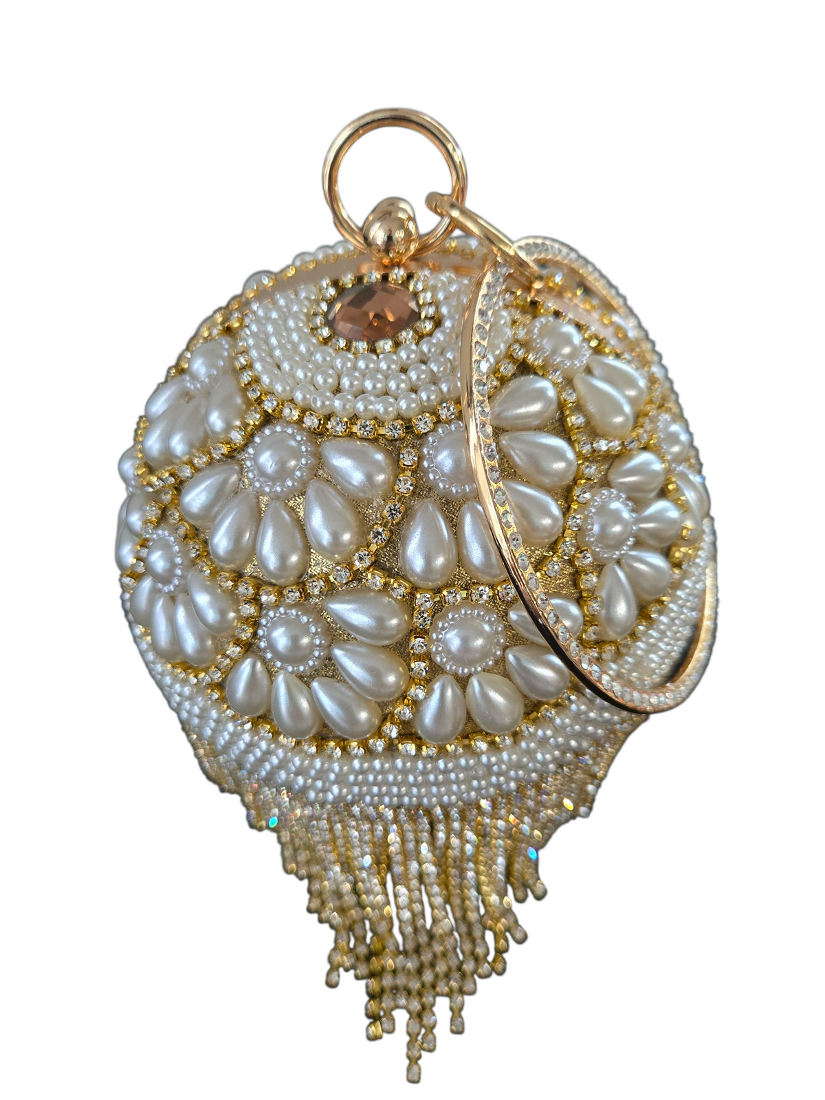 Floral Pearl & Gold Fringe Clutch – Luxury Bridal Handbag