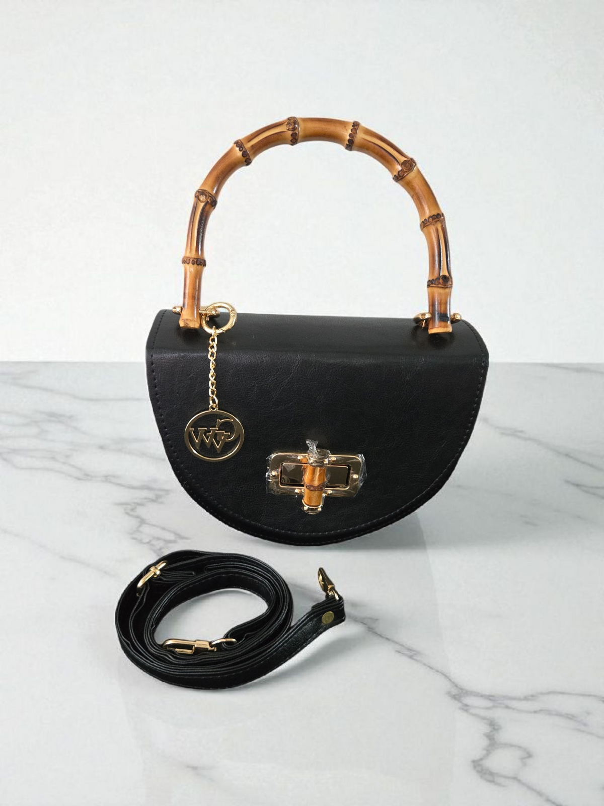 Black Bamboo Handle Half-Moon Bag – Elegant Leather Handbag by Gidi Vibes Woman