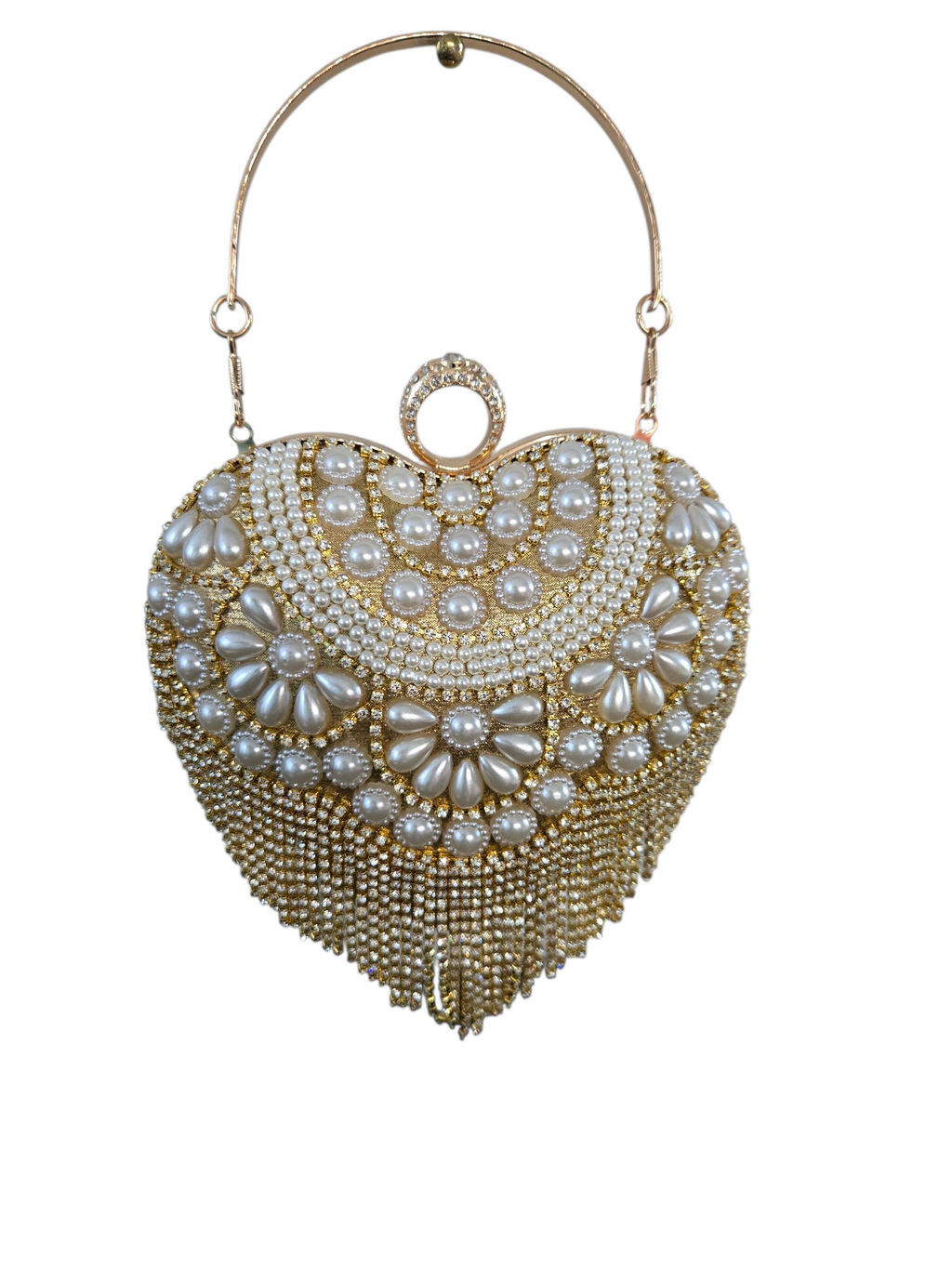 Heart-Shaped Pearl & Gold Beaded Handbag – Luxury Bridal Purse