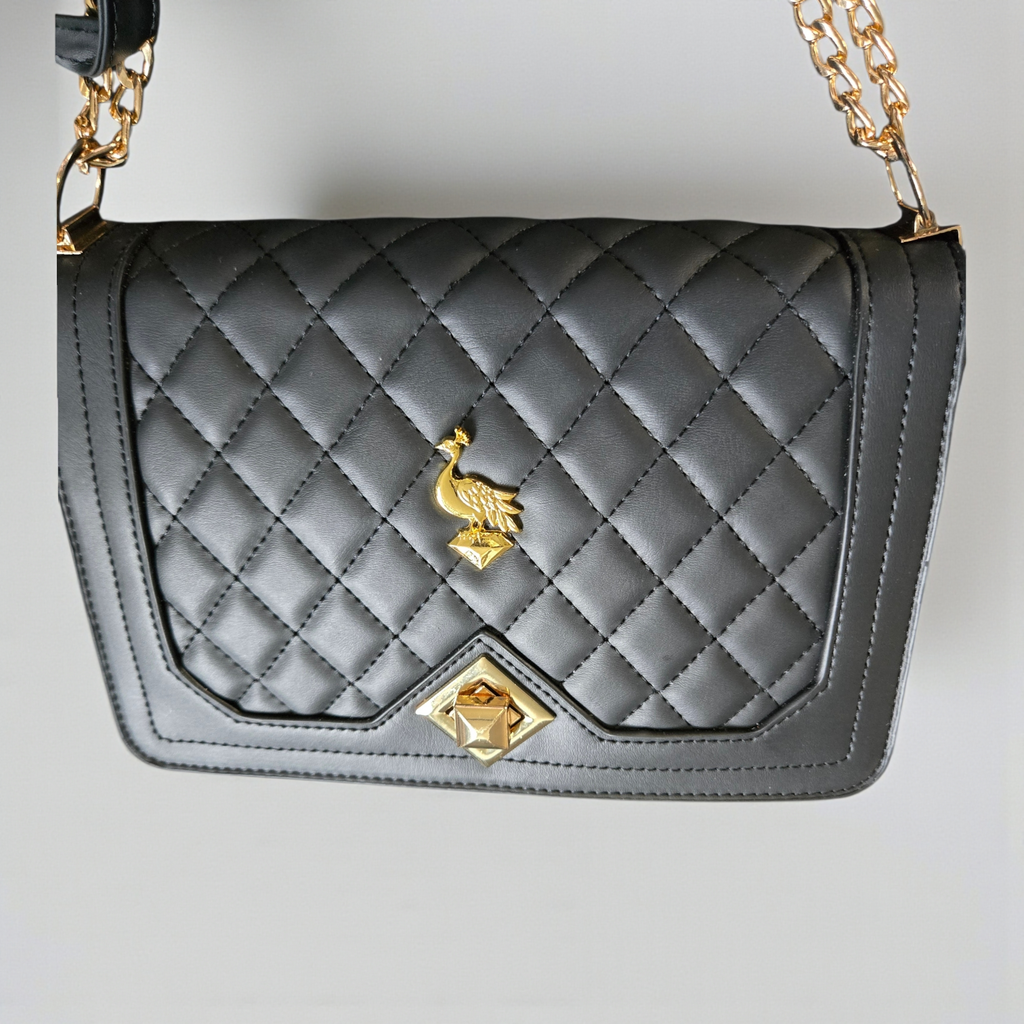 Black Quilted Leather Crossbody Bag – Gold Chain Luxury Shoulder Purse