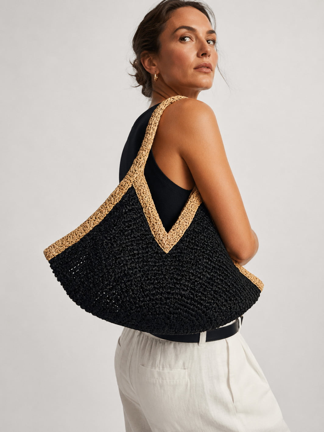 Black and Beige Straw Bag