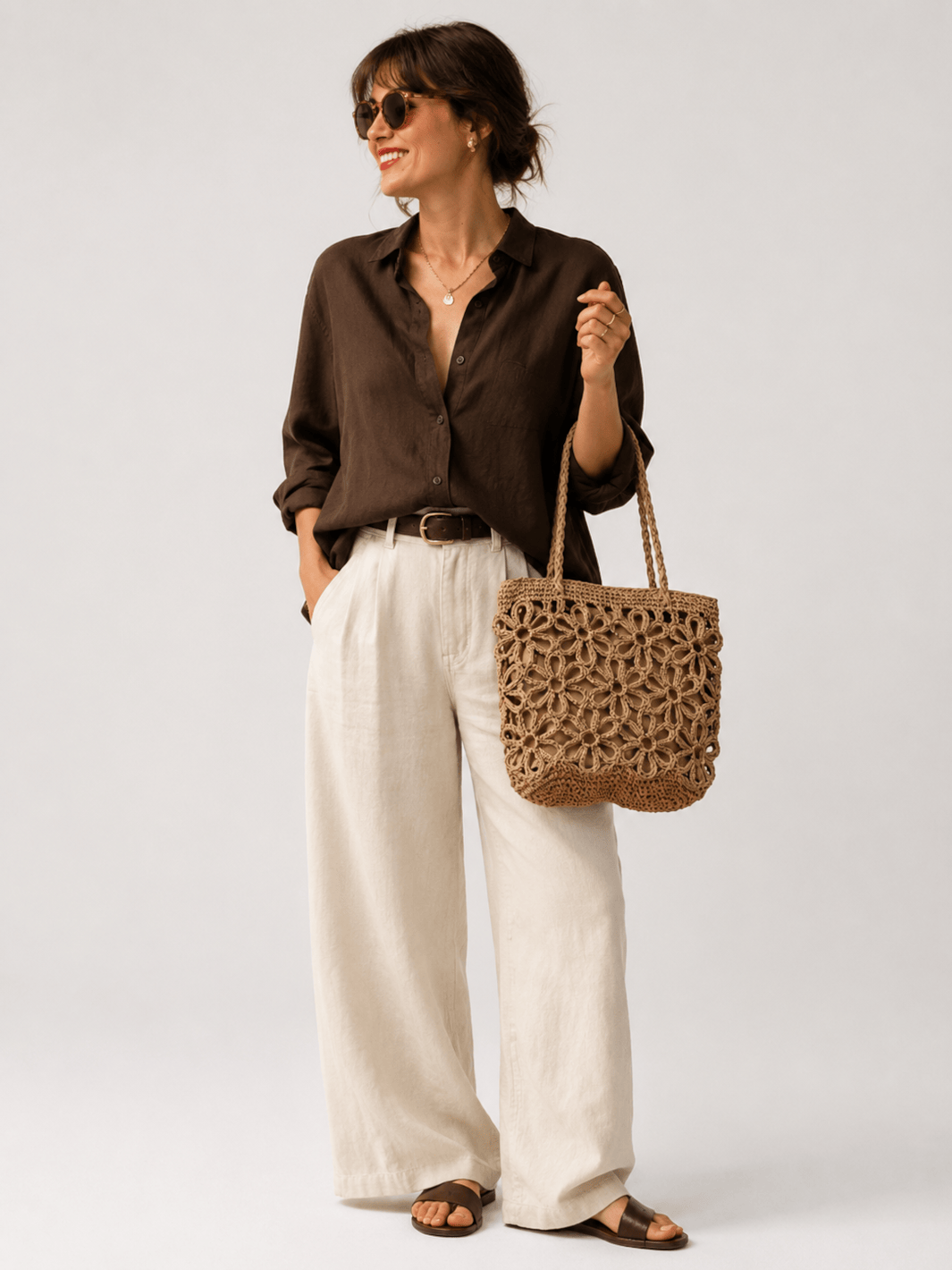 Woven straw bag with floral pattern