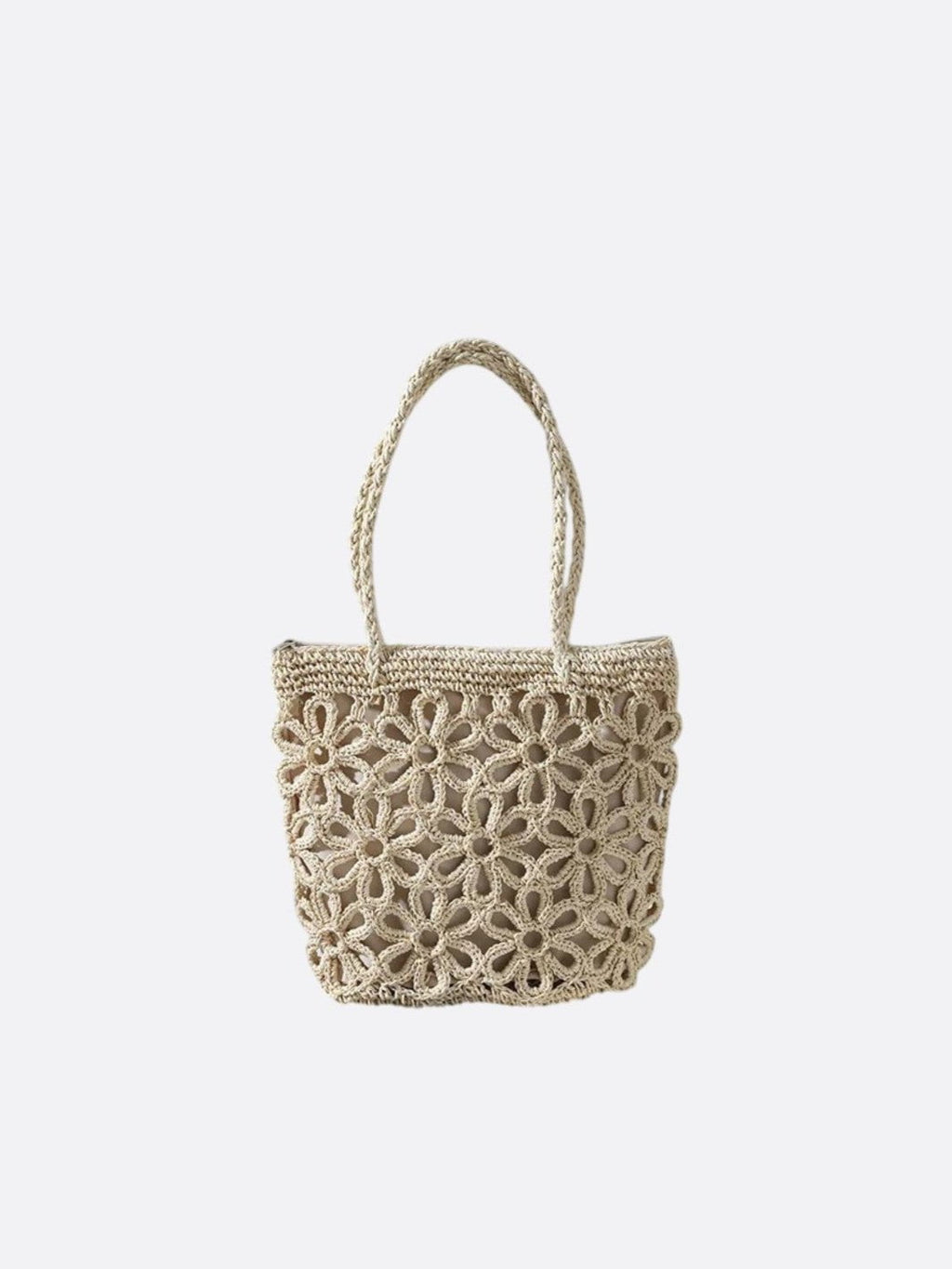 Woven straw bag with floral pattern