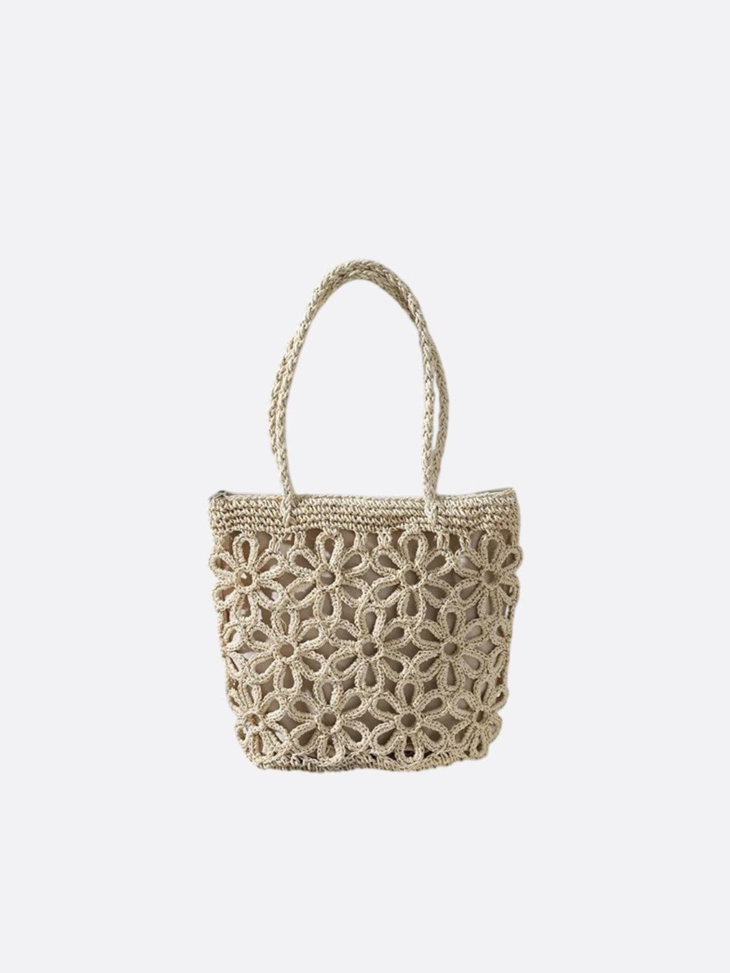 Woven straw bag with floral pattern