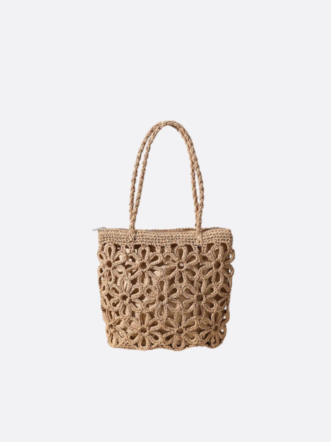 Woven straw bag with floral pattern
