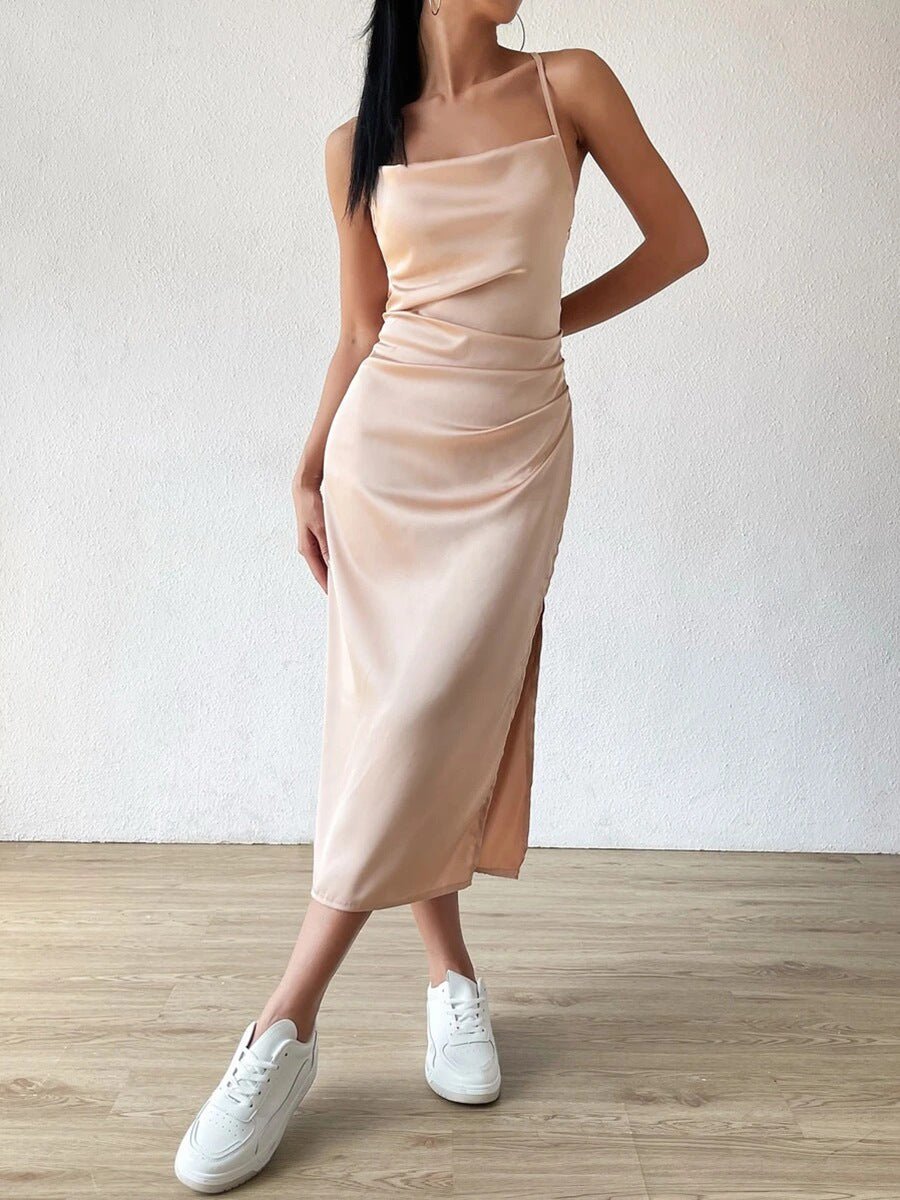 The Champagne Glow | Women's Satin Backless Suspender Midi Dress