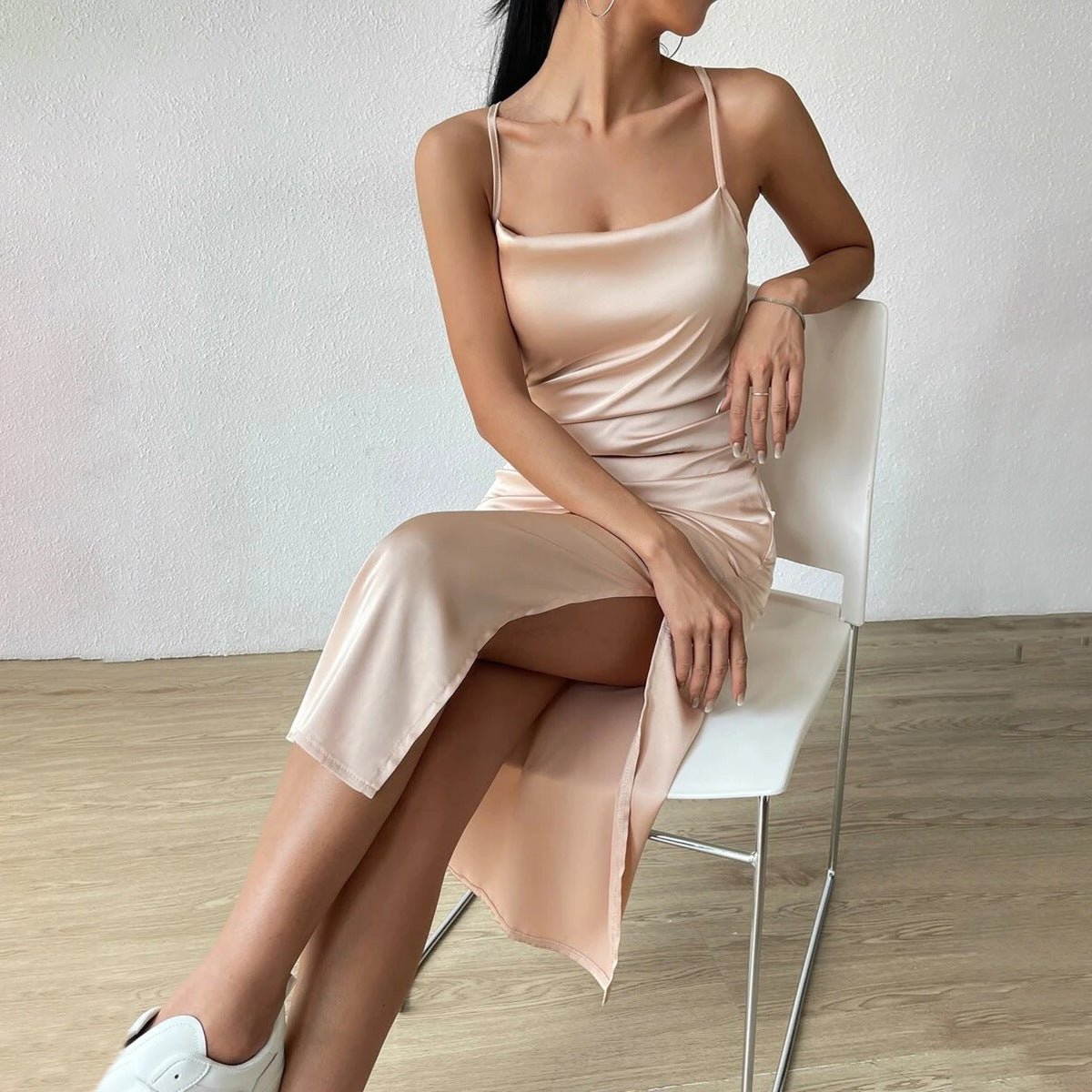 The Champagne Glow | Women's Satin Backless Suspender Midi Dress