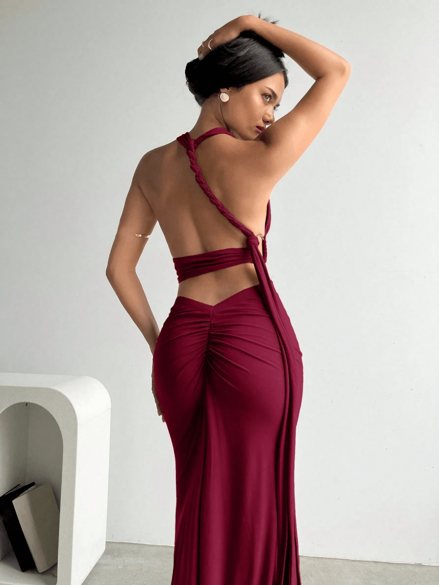 Athens Set – V-Neck Halter Crop Top with Long Gathered Skirt