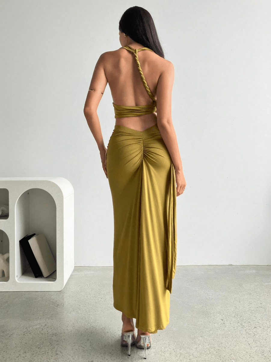 Athens Set – V-Neck Halter Crop Top with Long Gathered Skirt