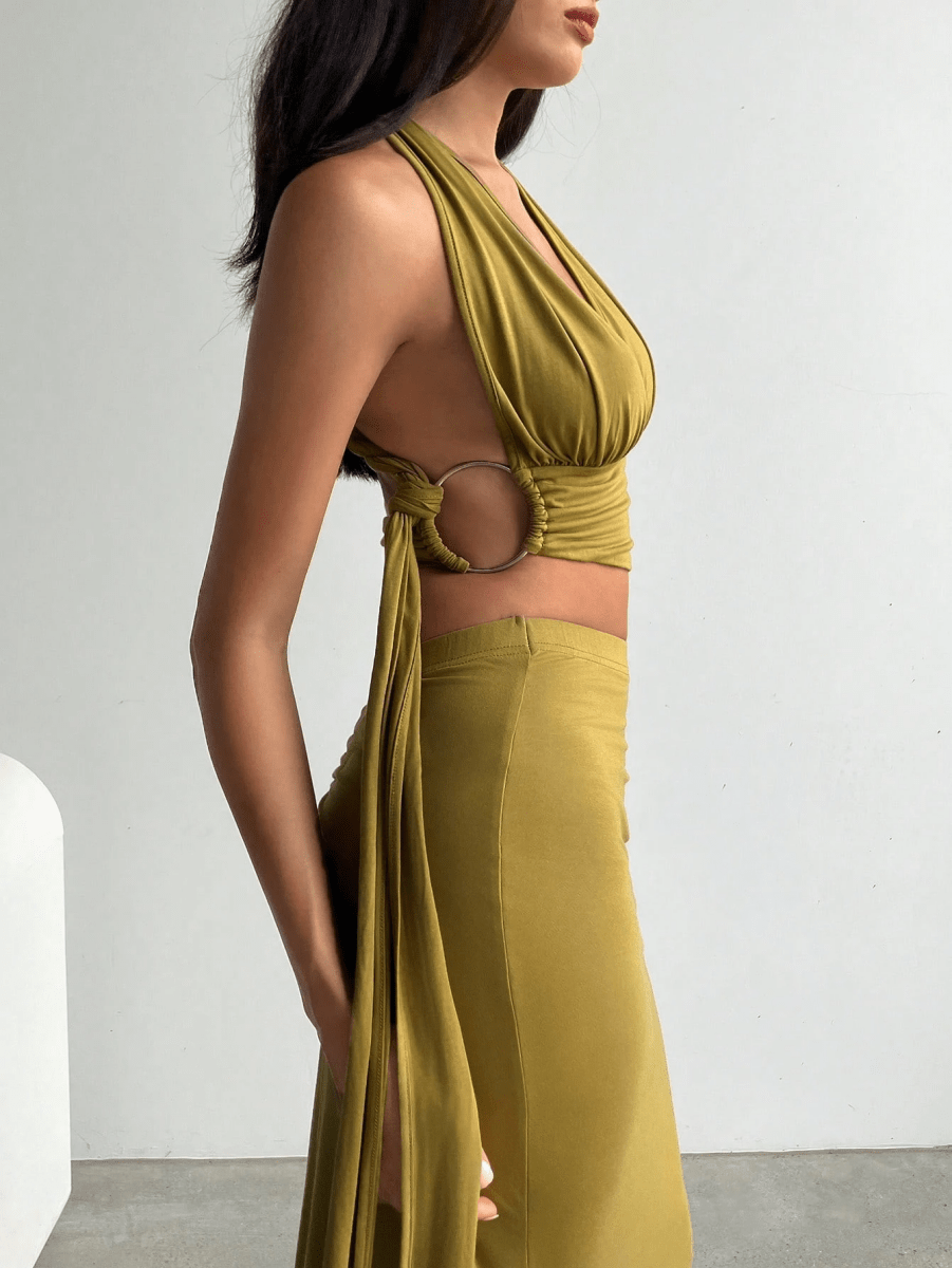 Athens Set – V-Neck Halter Crop Top with Long Gathered Skirt