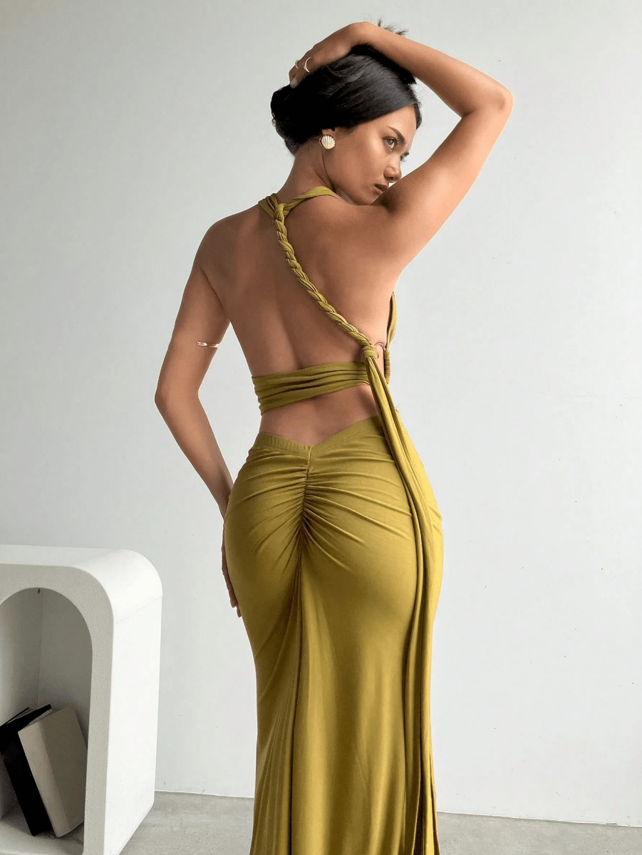 Athens Set – V-Neck Halter Crop Top with Long Gathered Skirt