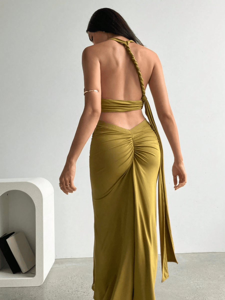 Athens Set – V-Neck Halter Crop Top with Long Gathered Skirt