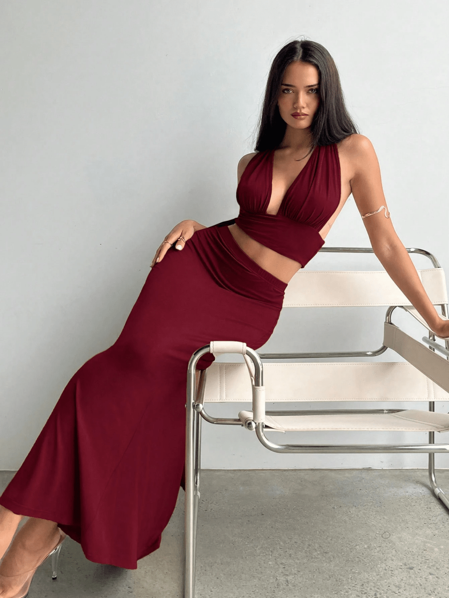 Athens Set – V-Neck Halter Crop Top with Long Gathered Skirt