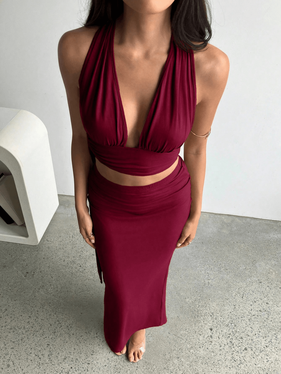 Athens Set – V-Neck Halter Crop Top with Long Gathered Skirt