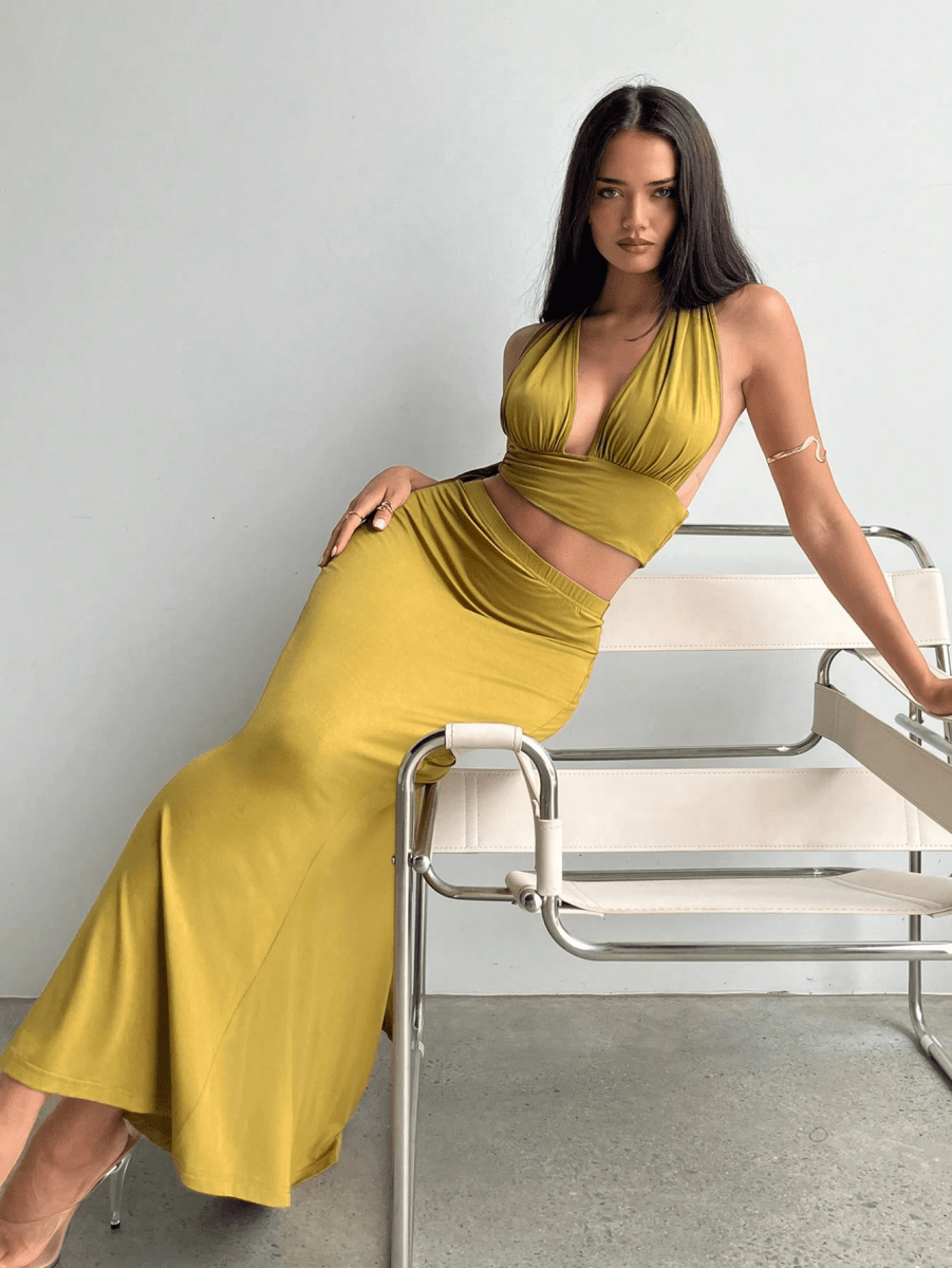 Athens Set – V-Neck Halter Crop Top with Long Gathered Skirt