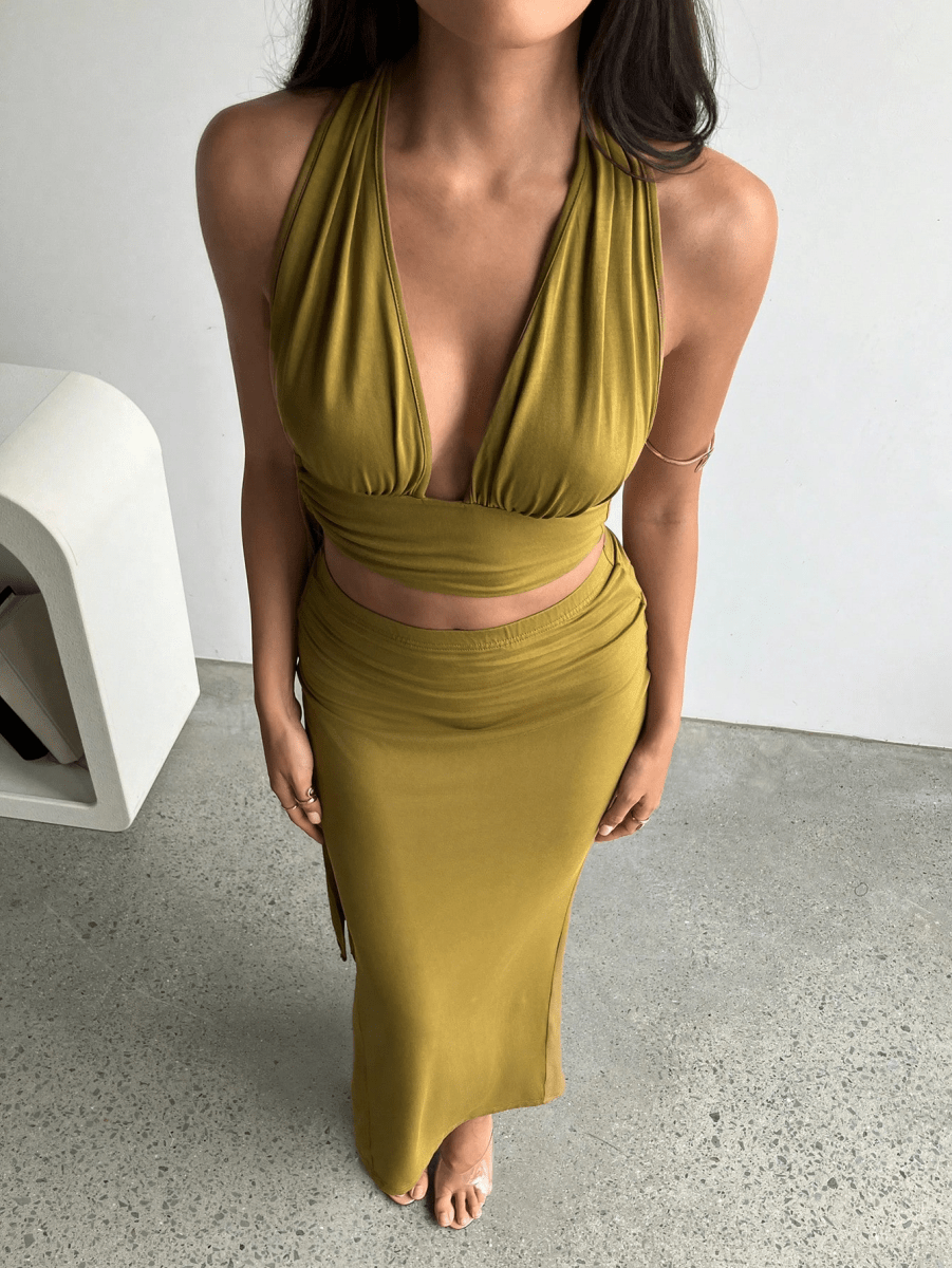 Athens Set – V-Neck Halter Crop Top with Long Gathered Skirt