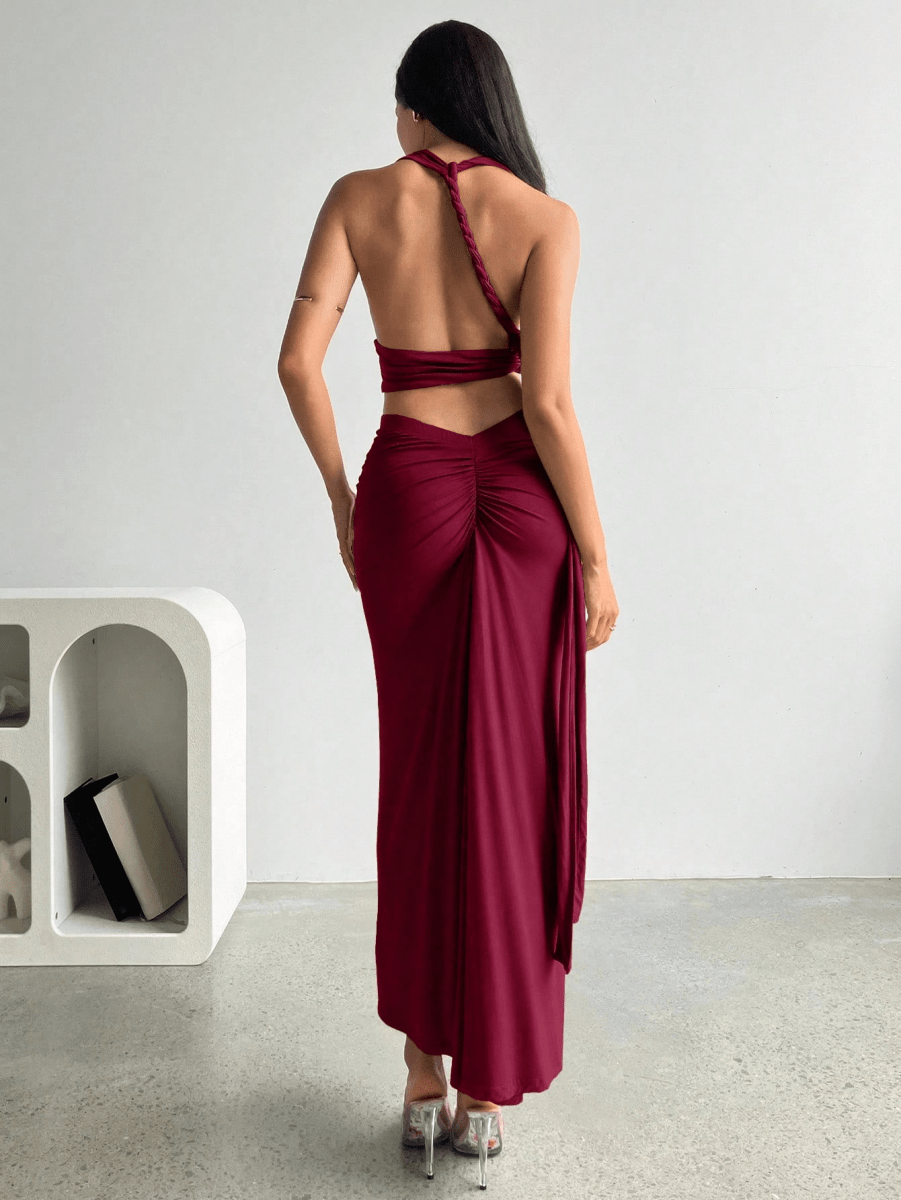 Athens Set – V-Neck Halter Crop Top with Long Gathered Skirt