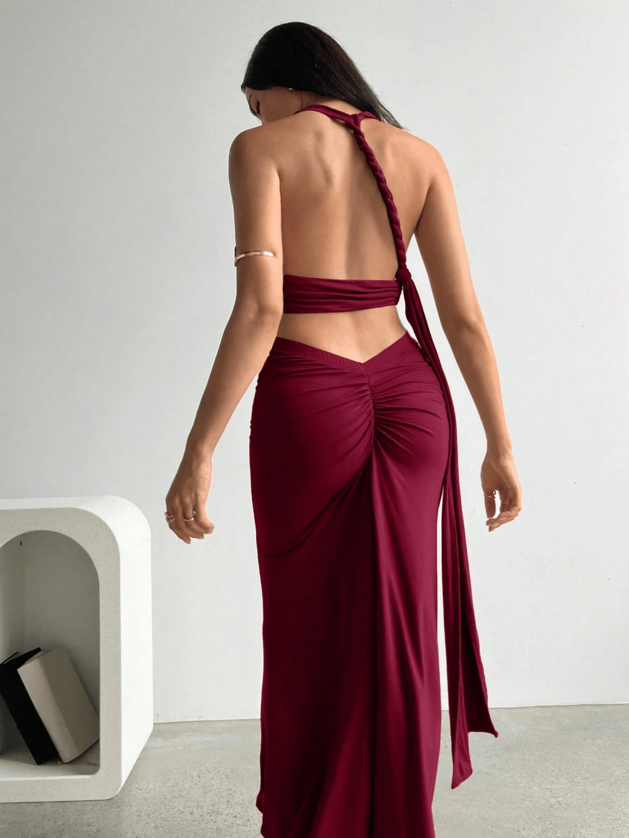 Athens Set – V-Neck Halter Crop Top with Long Gathered Skirt