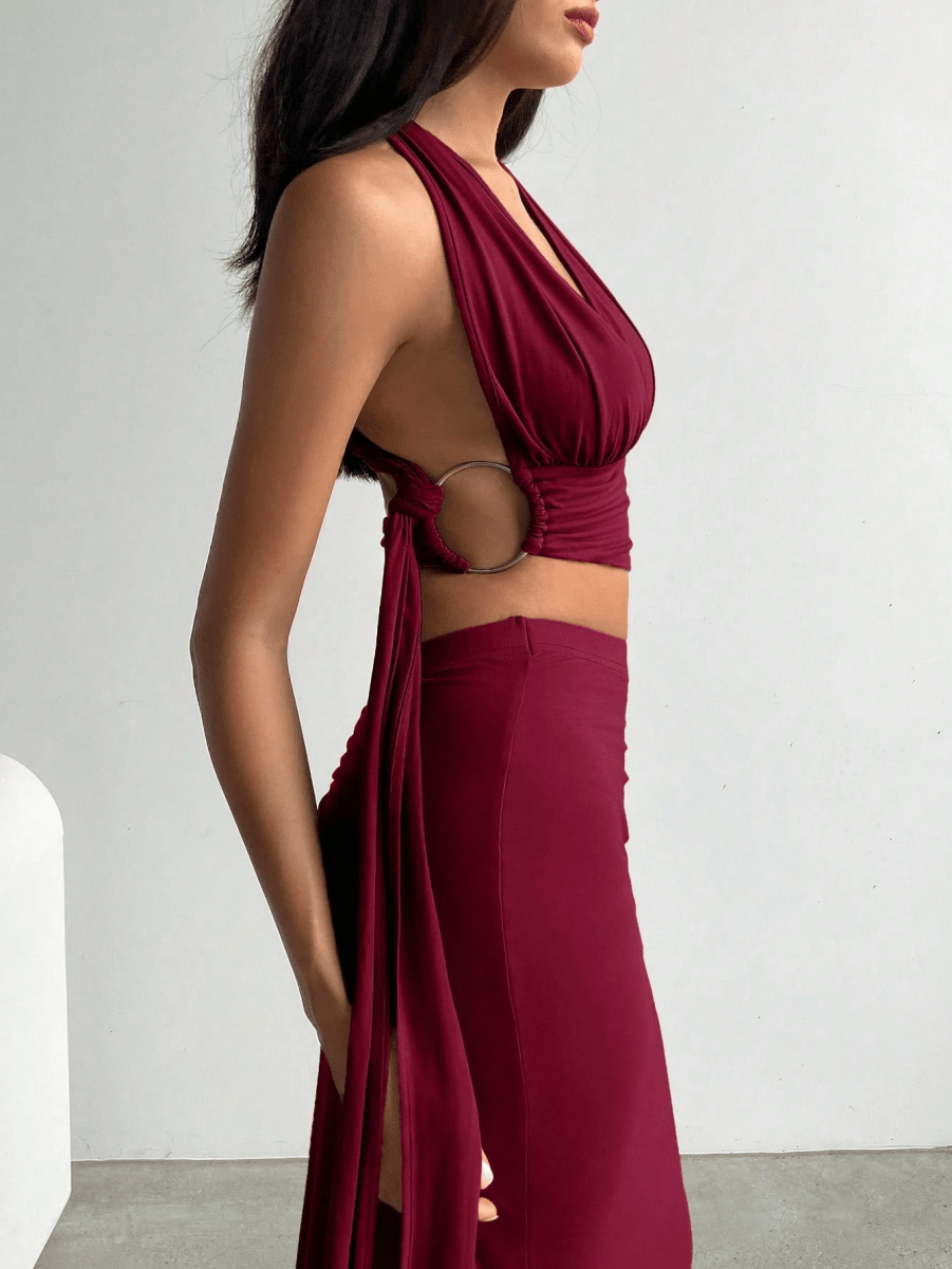Athens Set – V-Neck Halter Crop Top with Long Gathered Skirt