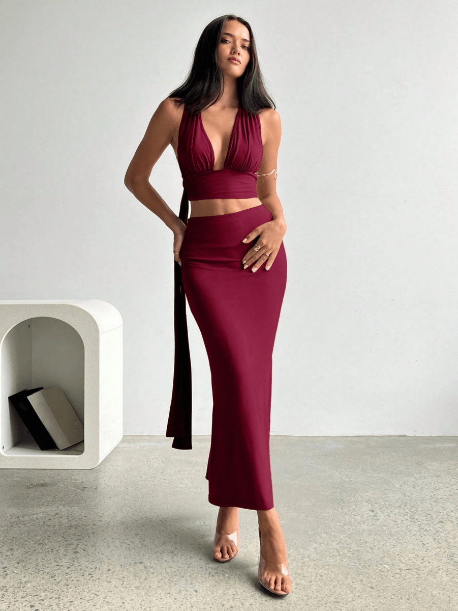 Athens Set – V-Neck Halter Crop Top with Long Gathered Skirt