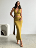 Athens Set – V-Neck Halter Crop Top with Long Gathered Skirt