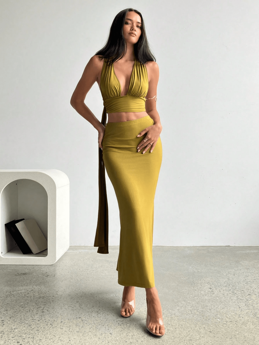 Athens Set – V-Neck Halter Crop Top with Long Gathered Skirt
