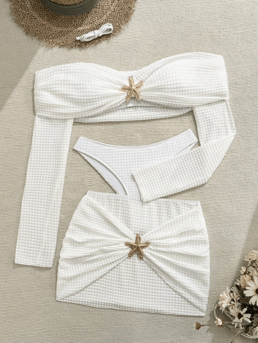 Coral Set – Off-Shoulder Bikini with Panties, Mini Skirt, and Star Brooch