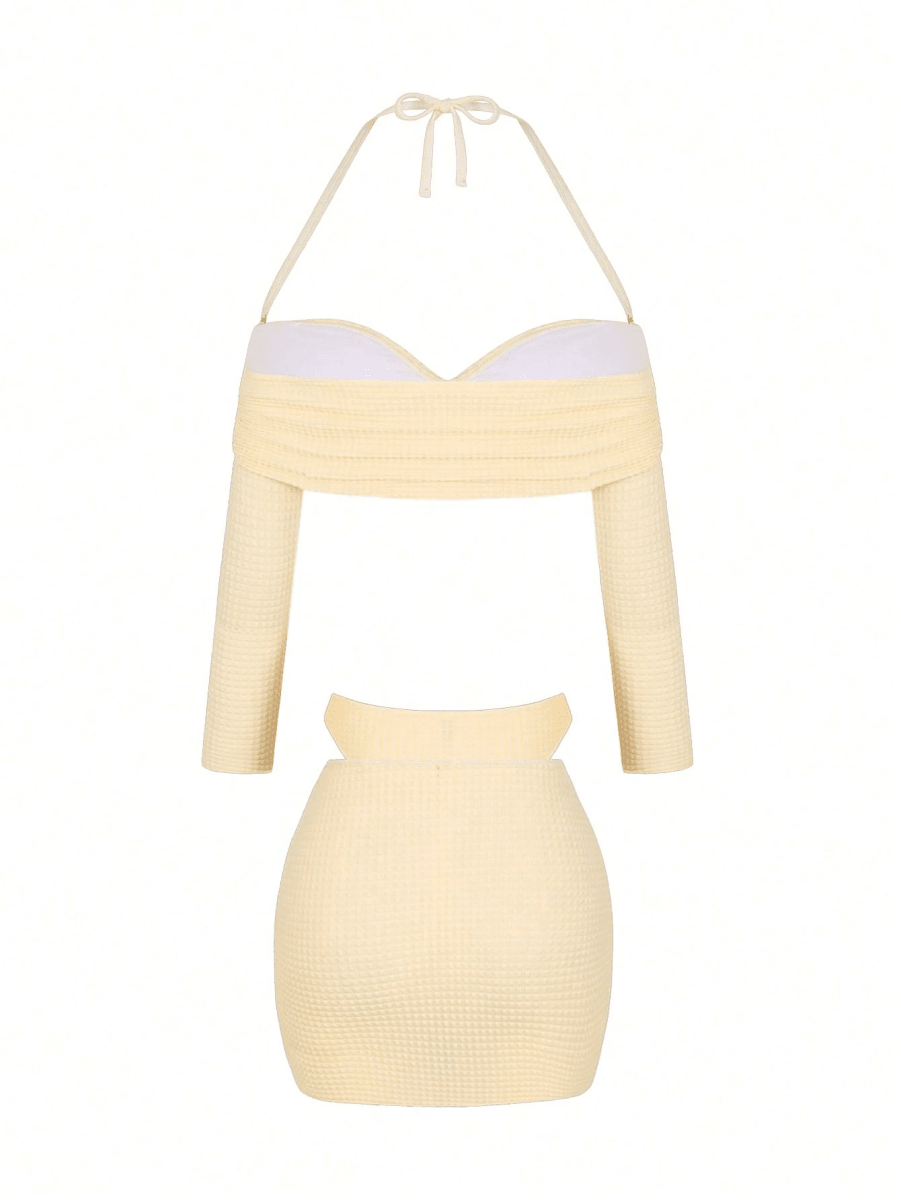 Coral Set – Off-Shoulder Bikini with Panties, Mini Skirt, and Star Brooch