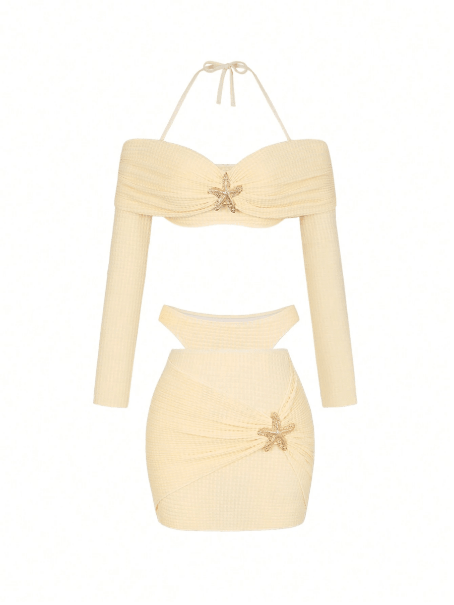 Coral Set – Off-Shoulder Bikini with Panties, Mini Skirt, and Star Brooch