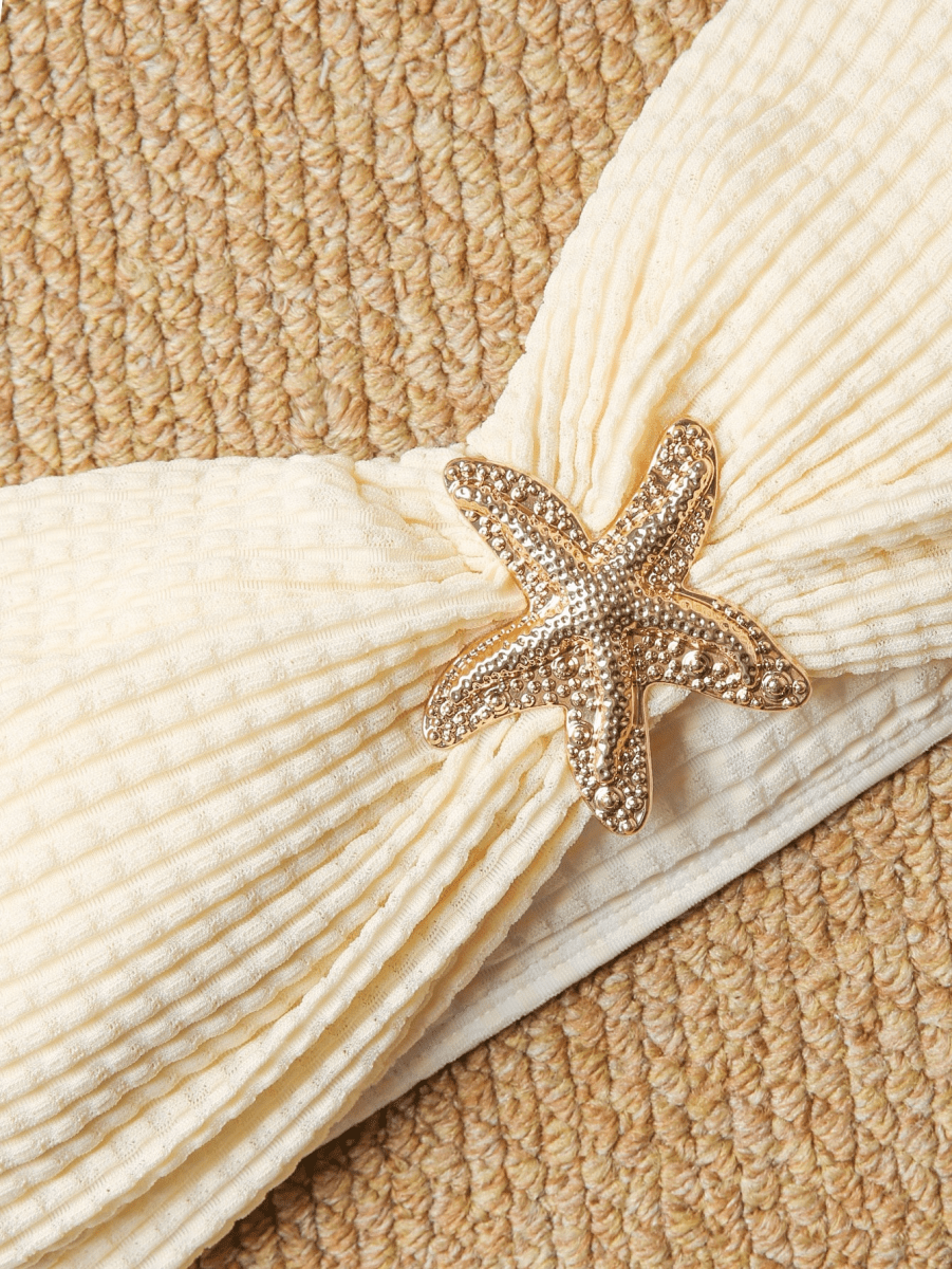 Coral Set – Off-Shoulder Bikini with Panties, Mini Skirt, and Star Brooch