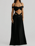 Cross-Front Halter Crop Top Set with a Long, Flowing Skirt