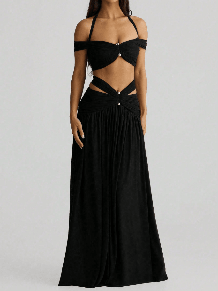 Cross-Front Halter Crop Top Set with a Long, Flowing Skirt