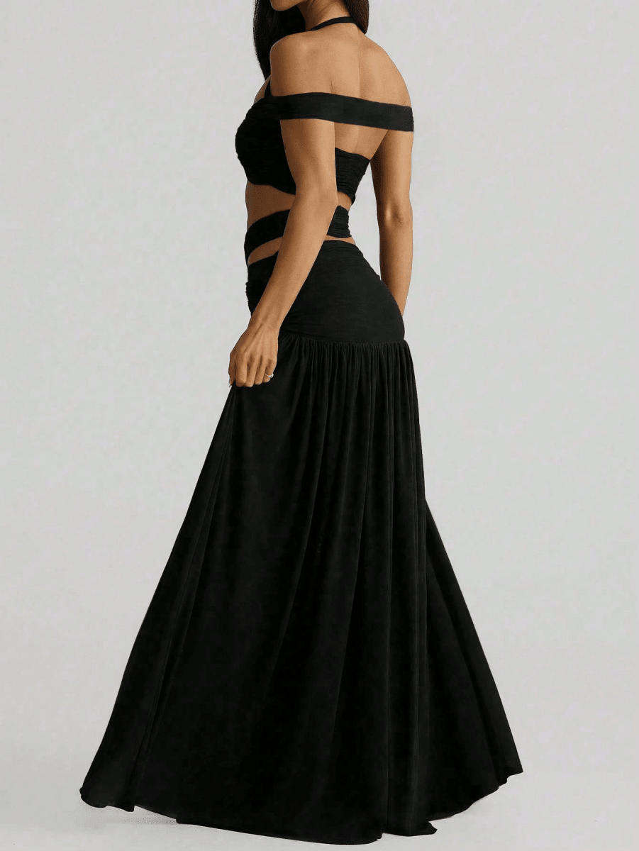 Cross-Front Halter Crop Top Set with a Long, Flowing Skirt