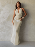 Diosa Set – Draped Halter Top with Long Sheer Skirt